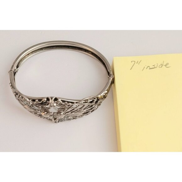 Silver Tone Filigree Victorian Style Tongue Clasp Bangle Bracelet - Picture 11 of 12